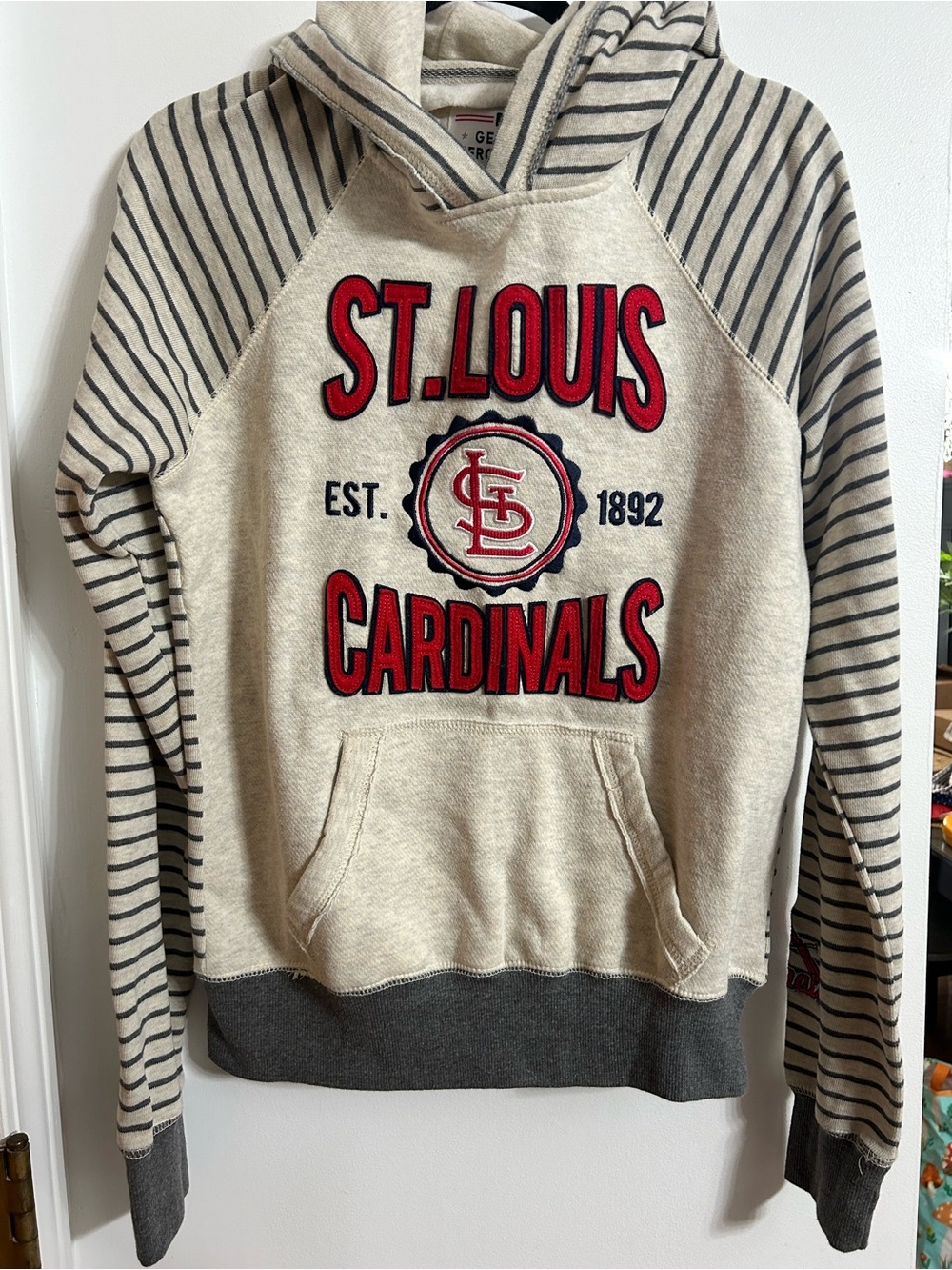 Women's St. Louis Cardinals Soft as a Grape
Oatmeal Striped Pullover Hoodie